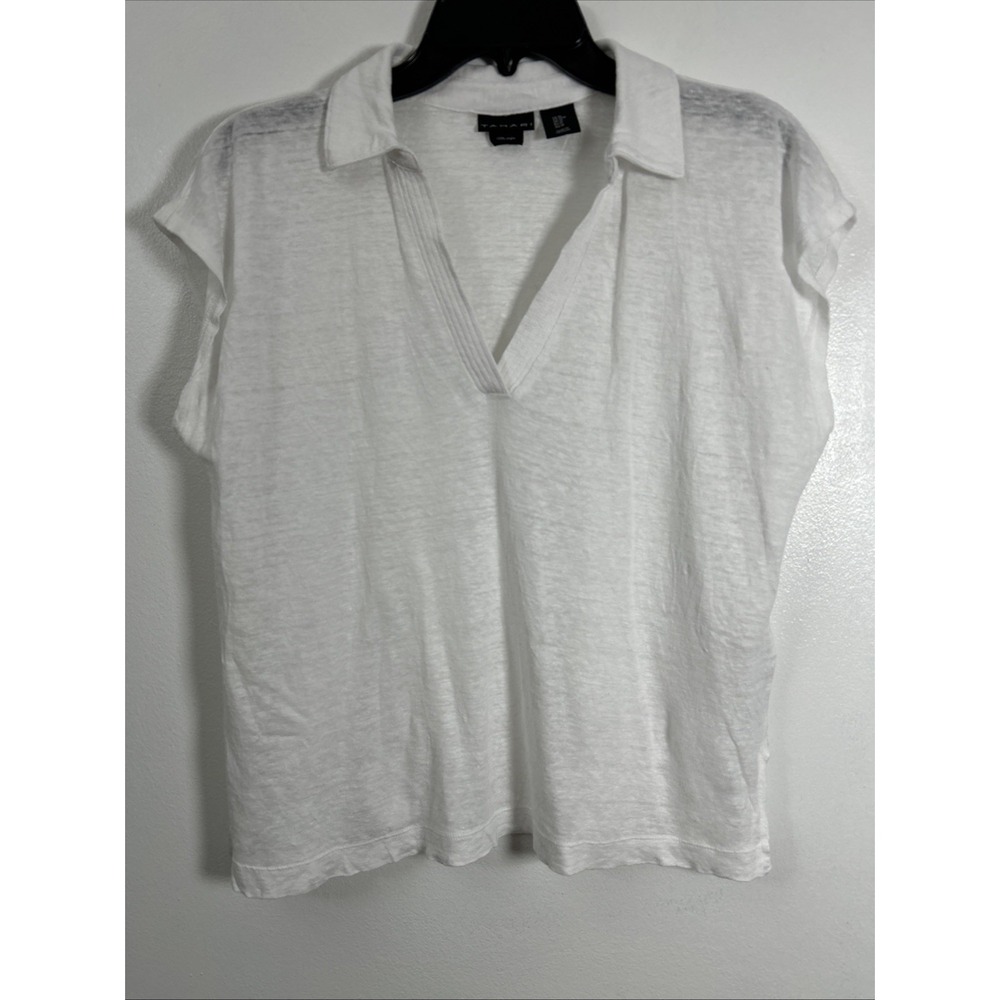 Tahari Women M Shirt White Short-Sleeve Linen Collared V-neck Top 6474